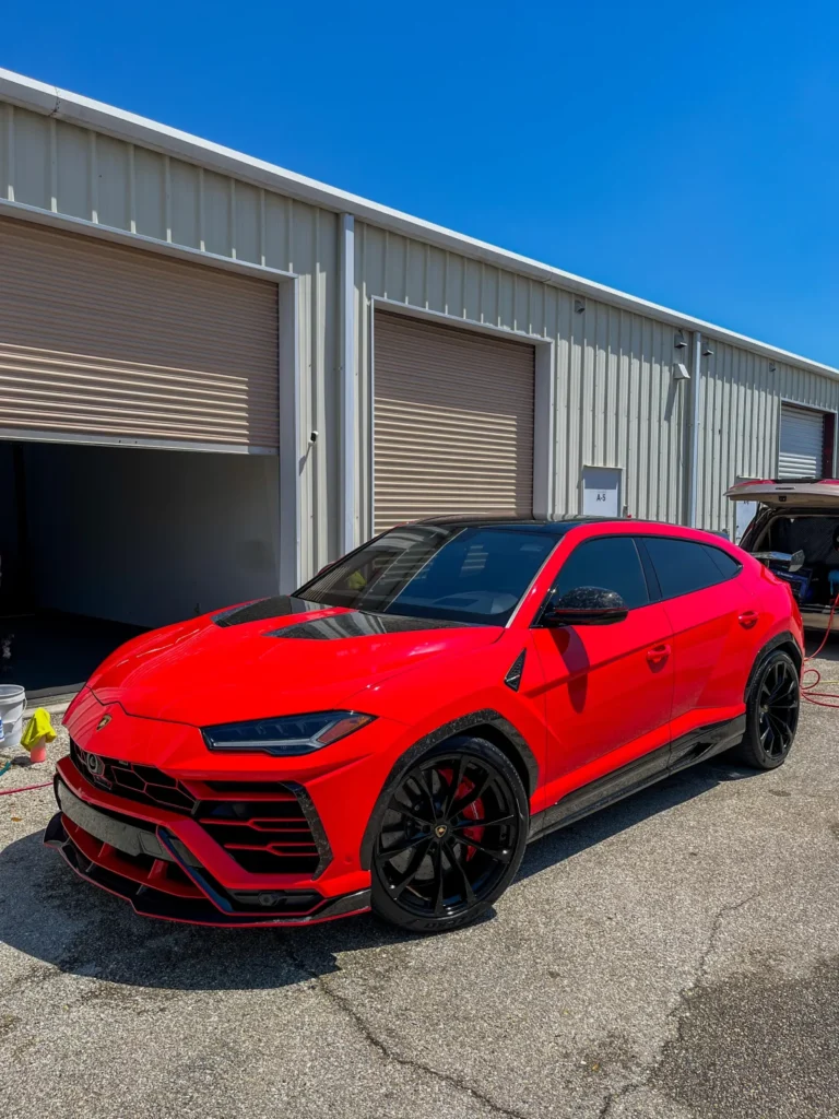 Exterior detailing of red Lamborghini Urus